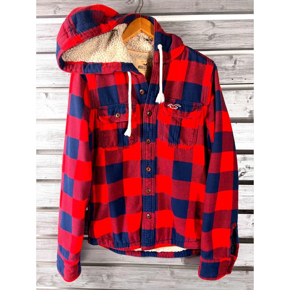 Vtg y2k Hollister Mens Buffalo Plaid Sherpa Lined Hooded Flannel Shirt Jacket S